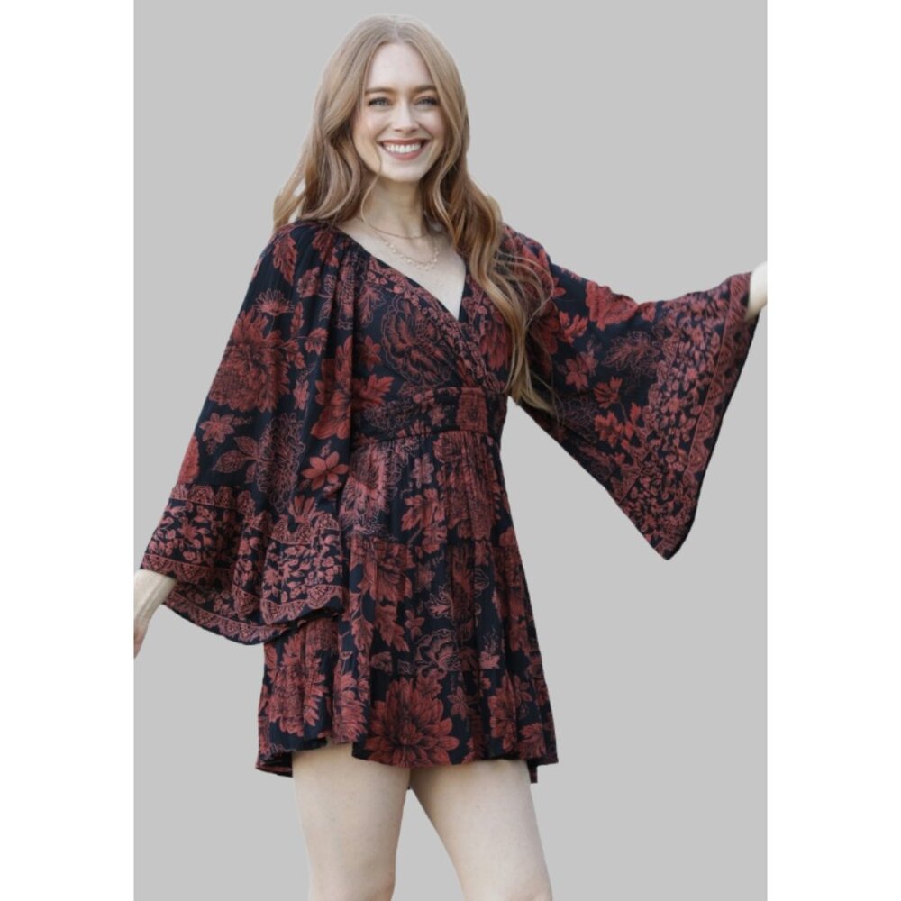 Angie Bohemian Black Bell Sleeve Tunic Top Mini Dress C2F24-WB08